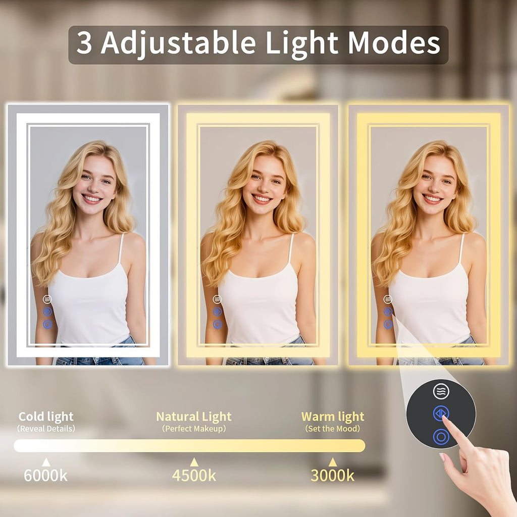 24"x30" LED Bathroom Mirror with Lights, Anti-Fog, Backlit + Front Lit, Dimmable, Led Vanity Mirror for Wall, Lighted Bathroom Mirror, 3 Colors, Shatter-Proof Tempered Glass