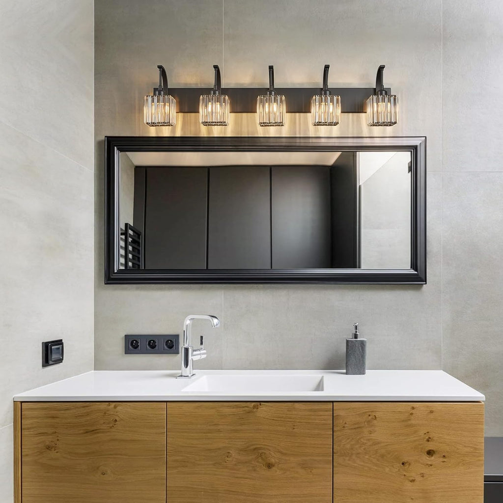 5-Light Crystal Vanity Light, Modern Black Bathroom Wall Sconce with K9 Crystal Shades, 42.51" Long Over Mirror Lighting for Vanity, Makeup, Hallway, Elegant & Easy Installation