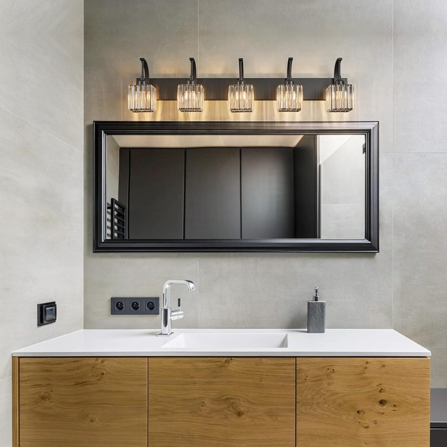 5-Light Crystal Vanity Light, Modern Black Bathroom Wall Sconce with K9 Crystal Shades, 42.51" Long Over Mirror Lighting for Vanity, Makeup, Hallway, Elegant & Easy Installation