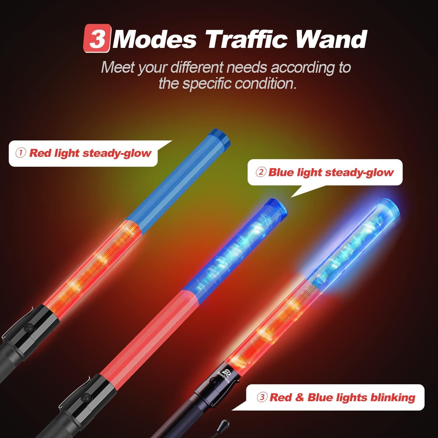 RoadHero 2 Pack 21 Inch Traffic Control Baton, Red and Blue LED Traffic Wand with 3 Flashing Modes, Air Marshaling Signal Wand with Side Clip for Airport, Parking, Car Directing
