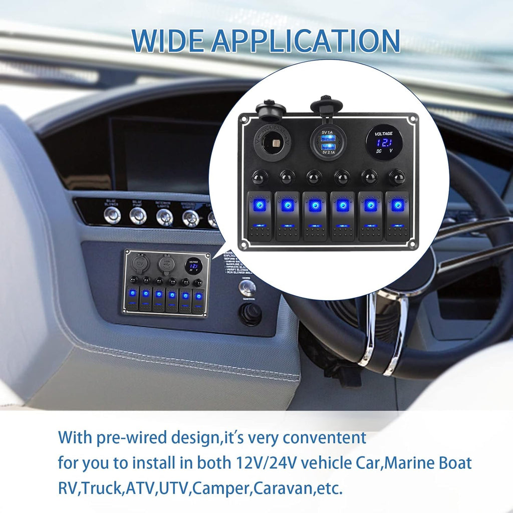 Marine Boat Rocker Switch Panel,Waterproof 6 Gang Multi-Function Toggle Light Switch Panel with Dual USB and Voltmeter Panel for RVs, Cars, Boats, Trucks,Trailers - 12-24V Blue