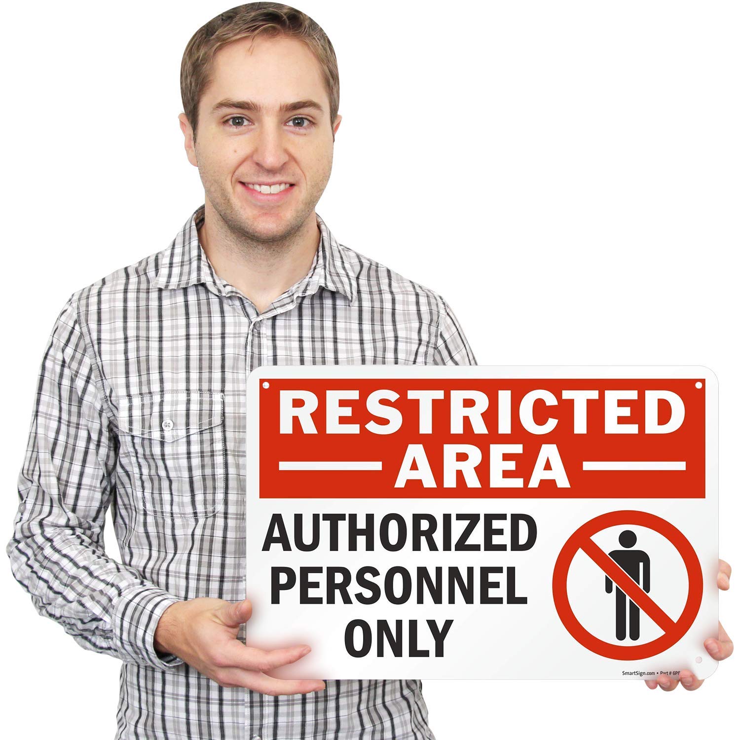 SmartSign 12 x 18 inch “Restricted Area - Authorized Personnel Only” Metal Sign with Symbol, 63 mil Laminated Rustproof Aluminum, Red, Black and White, Made in USA