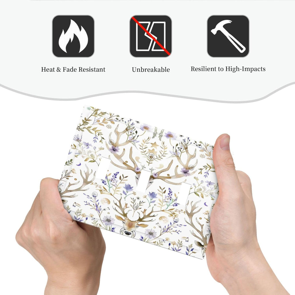 Decorative Switch Plates Gothic Retro Floral Damask Elk Wild Flower 3 Gang Wall Plate Triple Toggle Light Switch Cover Faceplate Electrical Wall Panels For Bed Room Living Room Decor