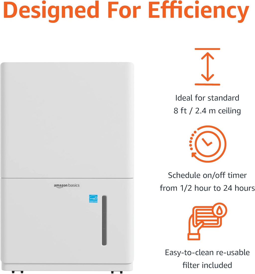 Amazon Basics Large Dehumidifier for Rooms, Energy Star Certified, Effectively Reduces Humidity, With Continuous Drain Pump, Timer, Auto-Defrost, Overflow Protection, up to 4000 SFT, 50 Pint, White