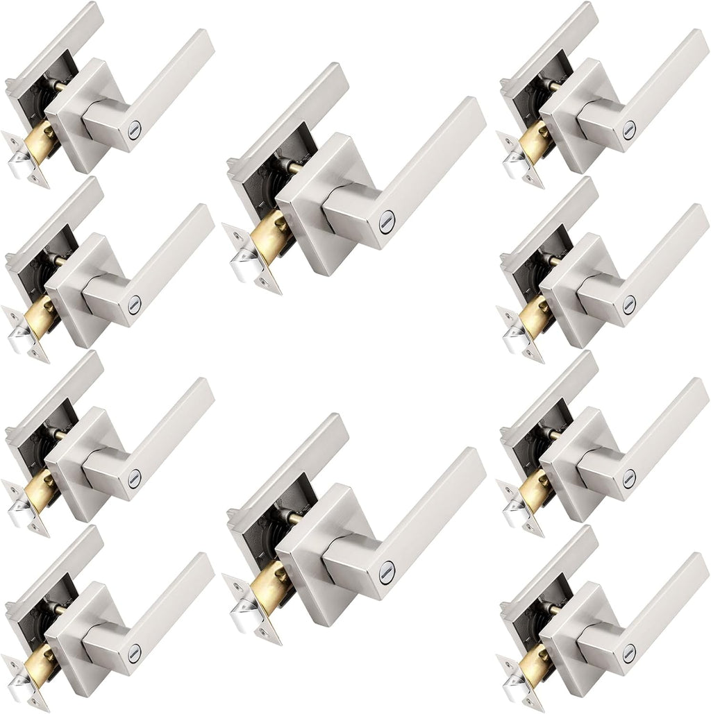 Probrico Interior Brushed Nickel Door Handle, Heavy Duty, Flat Square Privacy Door Handles, Keyless Door Levers Lockset for Bedroom and Bathroom (10 Pack, Modern)