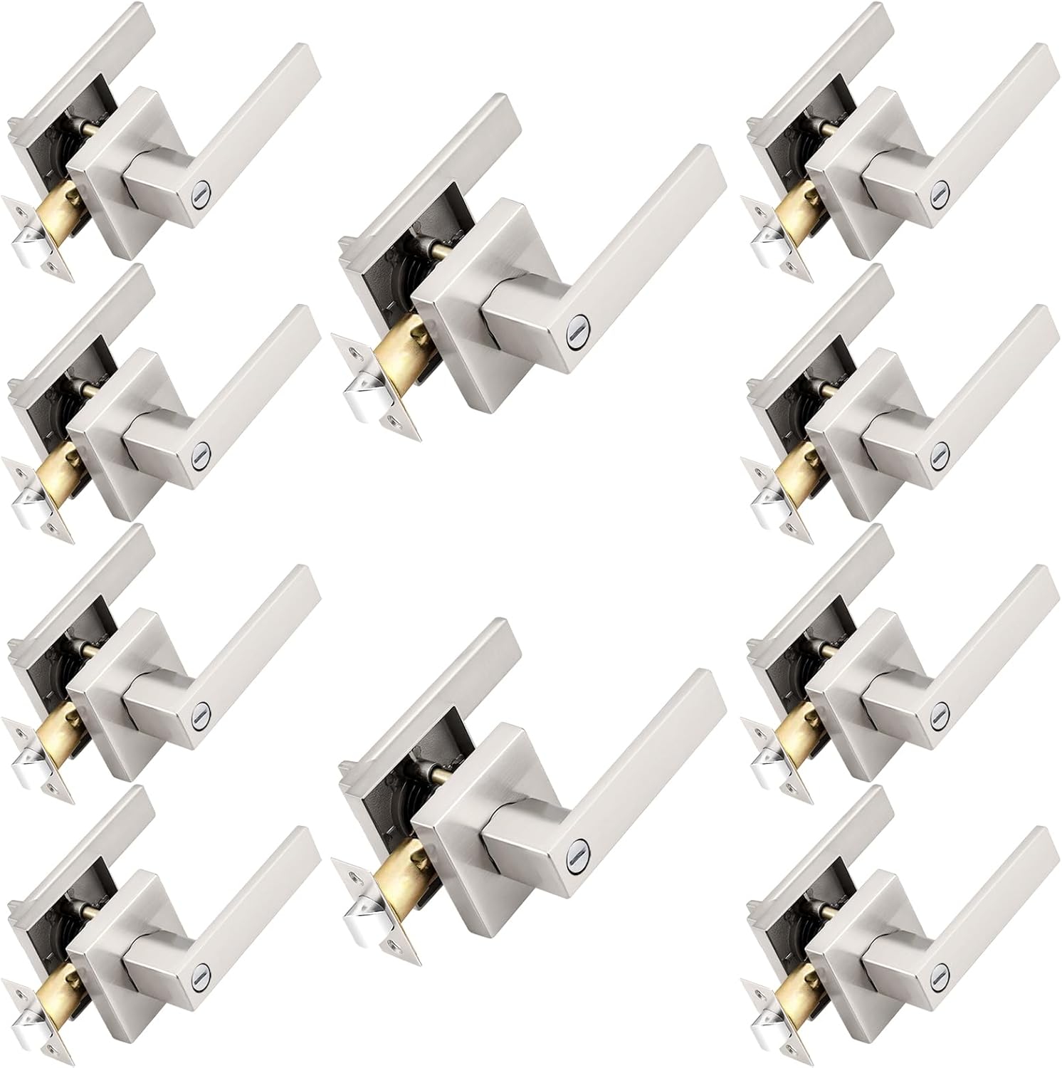 Probrico Interior Brushed Nickel Door Handle, Heavy Duty, Flat Square Privacy Door Handles, Keyless Door Levers Lockset for Bedroom and Bathroom (10 Pack, Modern)