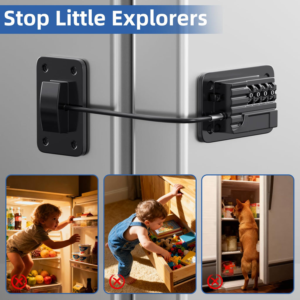 Refrigerator Lock, Heavy Duty Fridge Locks for Kids, Freezer Lock with Combination for Refrigerator Drawer Cabinet Safety, Easy to Install No Keys Needed Black, 2 Packs