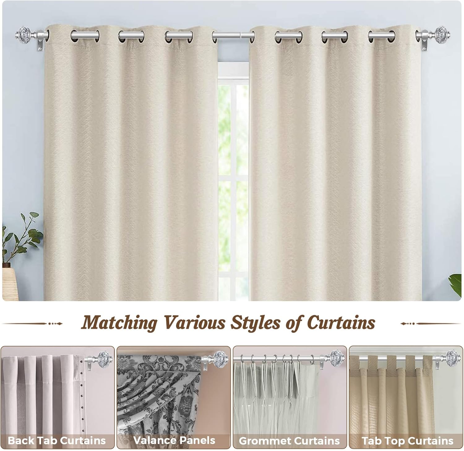 2 Pack Curtain Rods, 1 Inch Telescoping Drapery Rod 28 to 48 inch (2.3 to 4ft), USFOOK Curtain Rods for Windows 16 to 44 Inches, Silver Translucent Finials