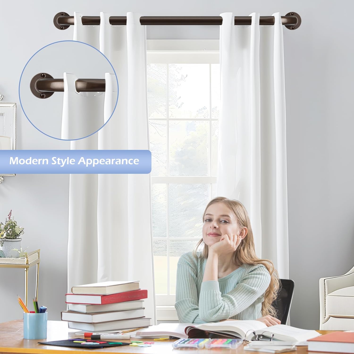 Bronze Wrap Around Curtain Rods 48 to 90 Inch:Blackout Heavy duty Adjustable Window Curtain Rod for Bedroom,Industrial Darkening Curved French Metal Single Drapery Rods Set Easy Install,Brown