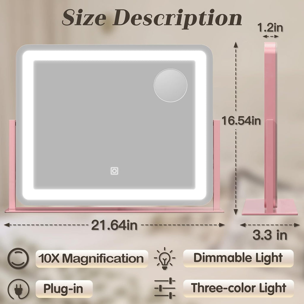 ROLOVE 22x17 Inch Pink Vanity Mirror with Lights，Dimmable LED Lights，3 Color Modes, Smart Touch Control，10X Magnification，Light up Makeup Mirror for Desk, Gift for Teen Girls