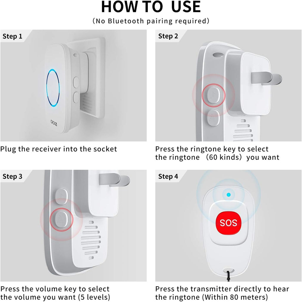 Caregiver Pagers Wireless Call Button for Elderly Patient Personal in Home Life Alert System for Seniors Range 260ft/80Menter,60 Ringtones (1SOS Button+1 Receiver)