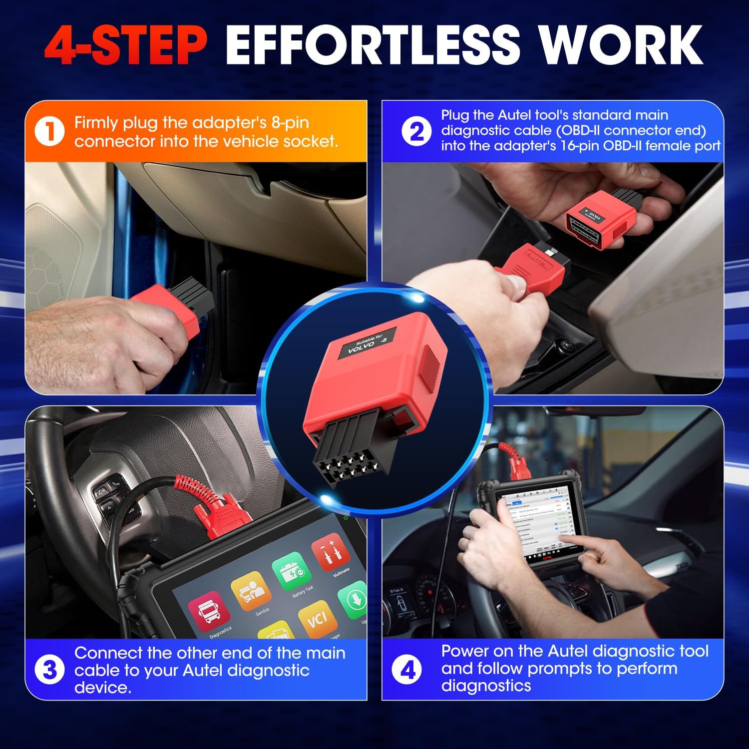 Autel Original MaxiSYS 8-Pin CV Adapter for Volvo, 8 Pins to OBD2 16 Pins for Volvo Off-Highway Cable Connector, Work w/Autel Heavy Duty Truck Scanner MS908CV MS908CV II MS909CV MS906CV MaxiFlash VCI