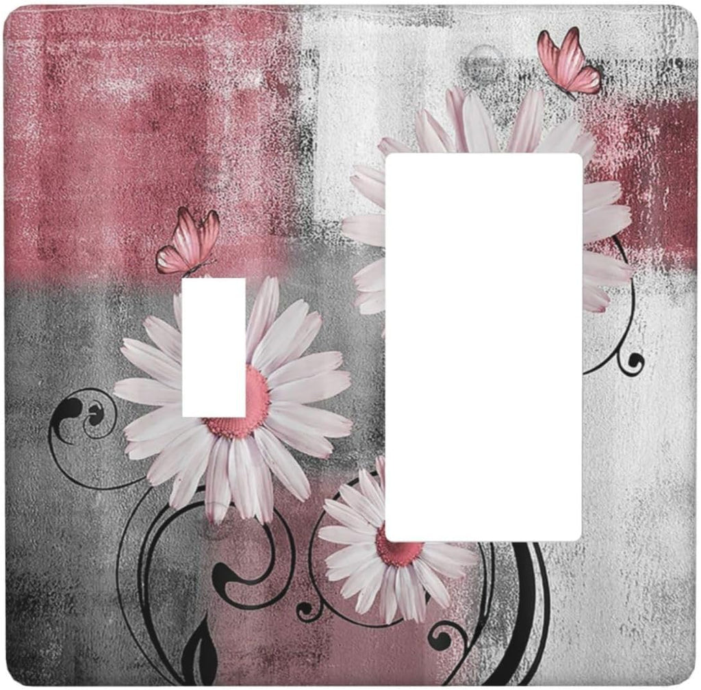 Outlet Covers Pink Floral Rustic Daisy Flower And Butterfly 1 Toggle 1 Rocker Combination Decorative Wall Plate Light Switch Cover Plate Electrical Switch Plates for Farmhouse Cabin Decor