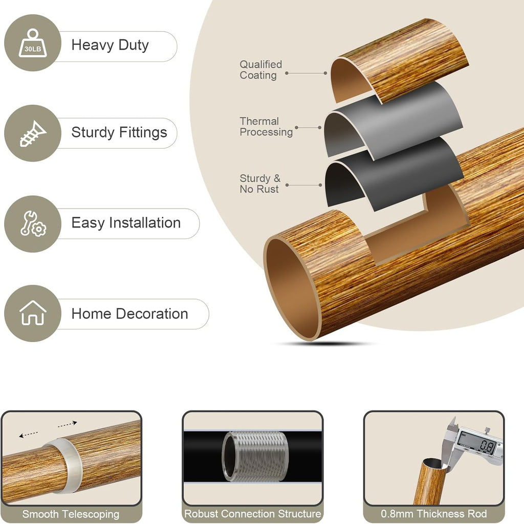 2 Pack Imitation Wood Curtain Rods for Windows 48 to 84 Inch, 1'' Adjustable Heavy Duty Decorative Drapery Rods with Classic Finials, Dark Imitation Wood Window Curtain Pole, Size 36-88''