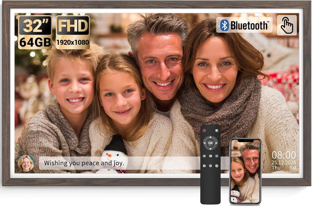 BSIMB 32 Inch Large Digital Picture Frame, Touchscreen 64GB 1920x1080 FHD WiFi Photo Frame Electronic Display Remote Control, Share Pictures/Videos via App/USB/SD Easy Setup Gifts for Mom, Dark Wood