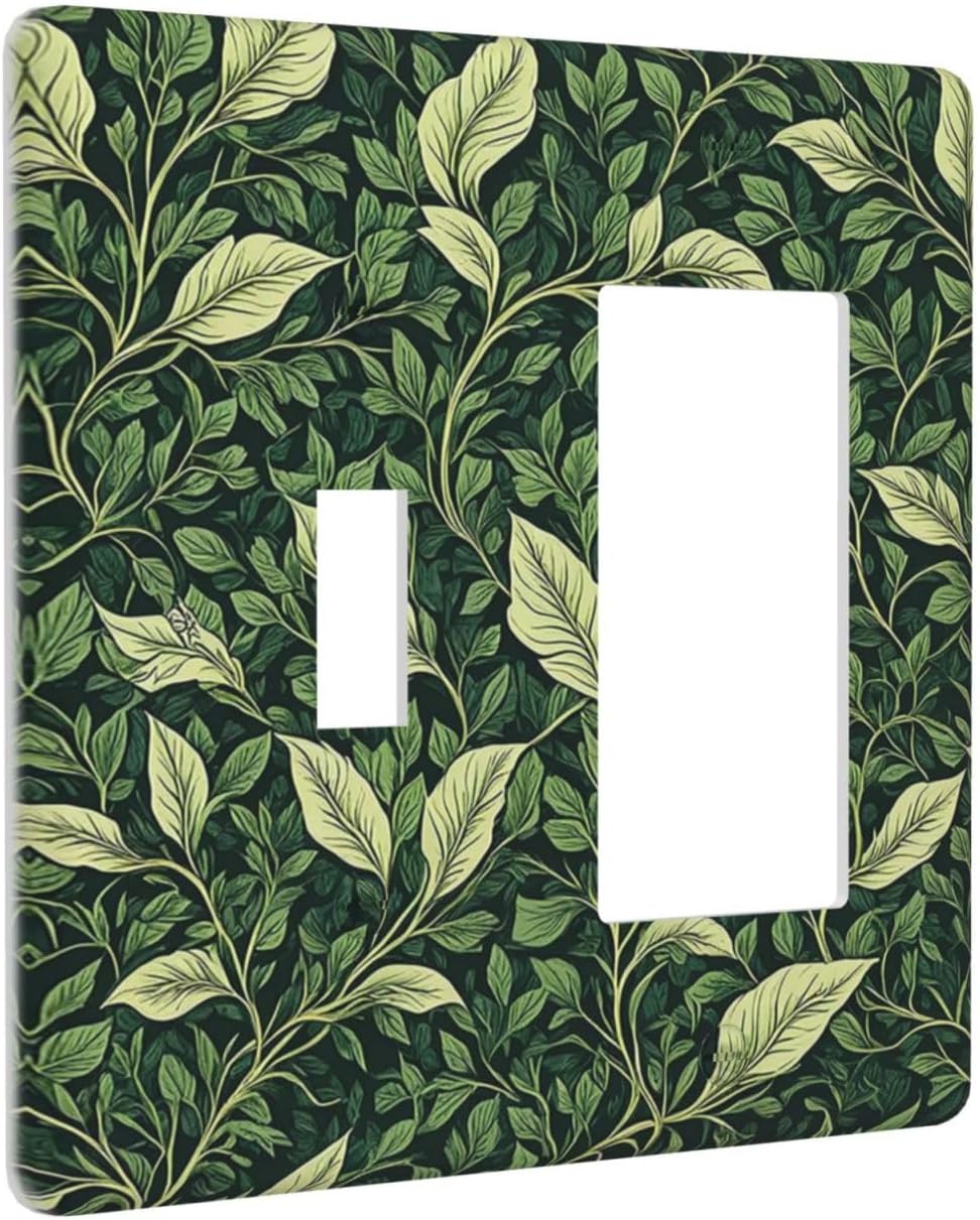 Vintage Green Plant Leaves 2 Gang Combo 1 Toggle 1 Rcoker Light Switch Covers Decorative Switch Plates Electrical Switch Plates and Outlet Covers for Home Art Decor 4.5 X 4.5 IN