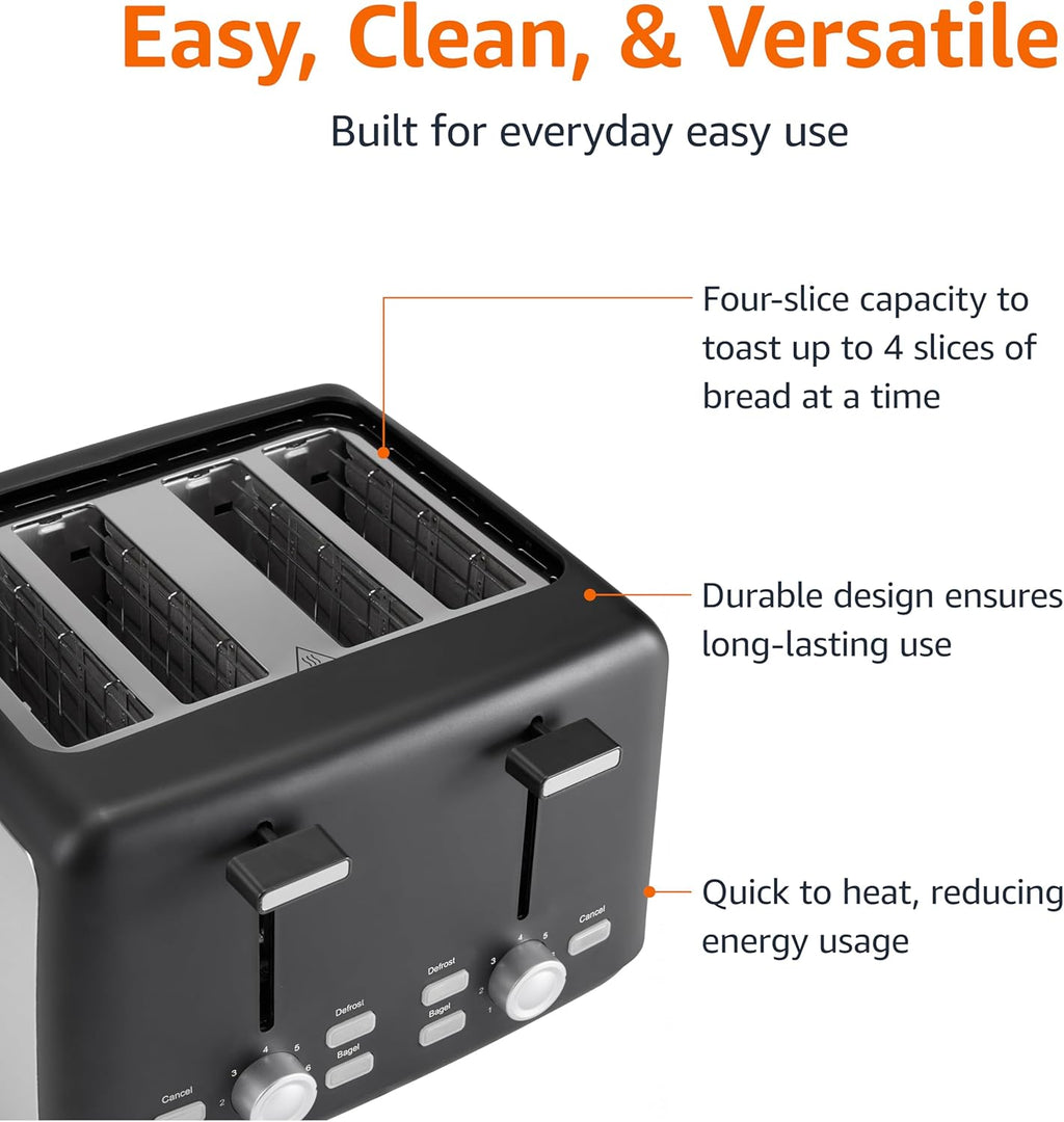Amazon Basics 4 Slice Toaster, With 7 Browning Settings, Extra Wide Slots For Bagels and Special Breads, Removable Easy-to-Clean Crumb Trays, Cancel/Defrost/Bagel Buttons, 1500W, Black & Silver