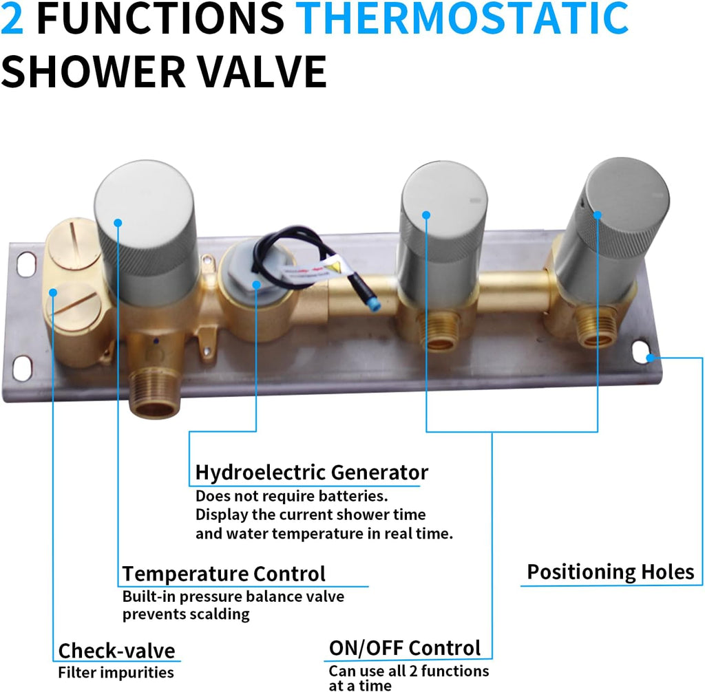 2 Way Shower Diverter Valve Brass 2 Functions Digital Temperature Display Thermostatic Shower Mixing Valve Kit 3 Handle Flow Cotrol Valve, Can Run Simultaneously Brushed Nickel