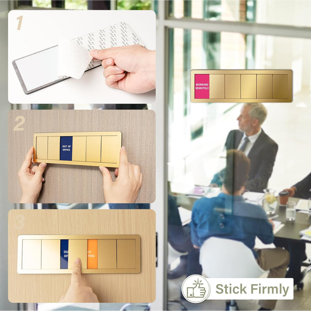 Office Door Signs -6 Options Do Not Disturb, In A Meeting, Out Of Office, Working Remotely, Back Soon Please Knock,Privacy Door Slider Sign for Meeting & Conference Room Brushed Gold