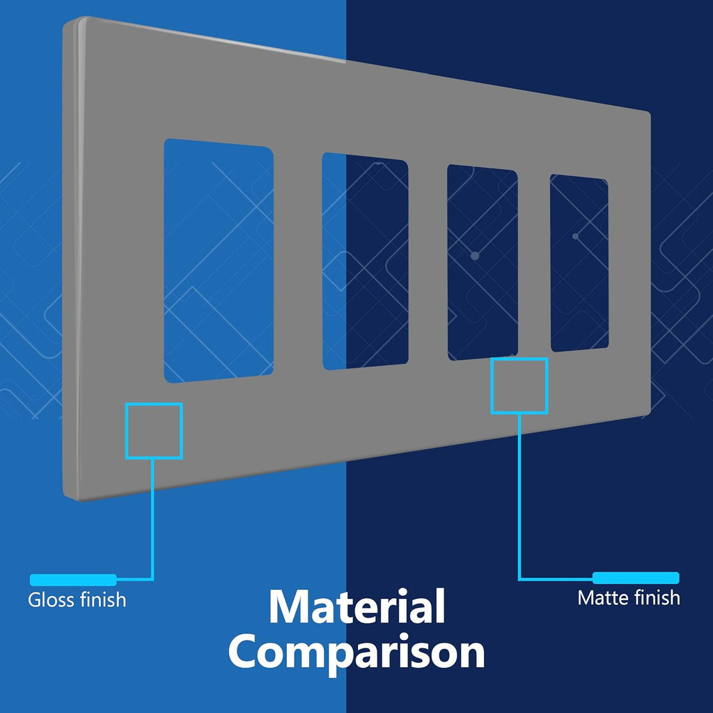 LIDER Matte Finish Decorator Switch Cover, Screwless Wall Plate, Mid-Size 4-Gang 4.88" x 8.58", Unbreakable Polycarbonate Thermoplastic, UL Listed, LSWP-34M-GY, Gray