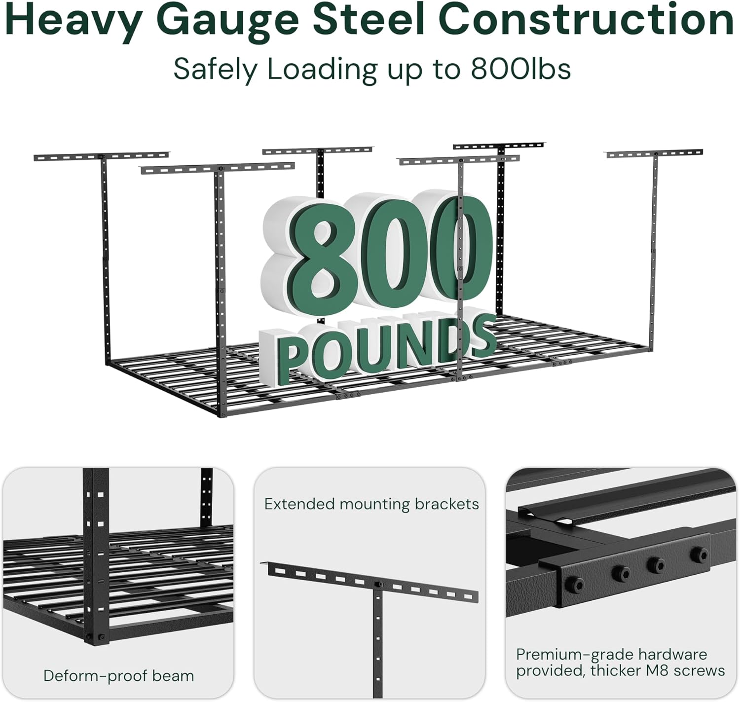 SunsGrove 4x8 Overhead Garage Storage Rack Organization, Adjustable Ceiling Mounted Storage Racks, 800LBS Weight Capacity, 22"-40" Ceiling Dropdown, Hammertone Black