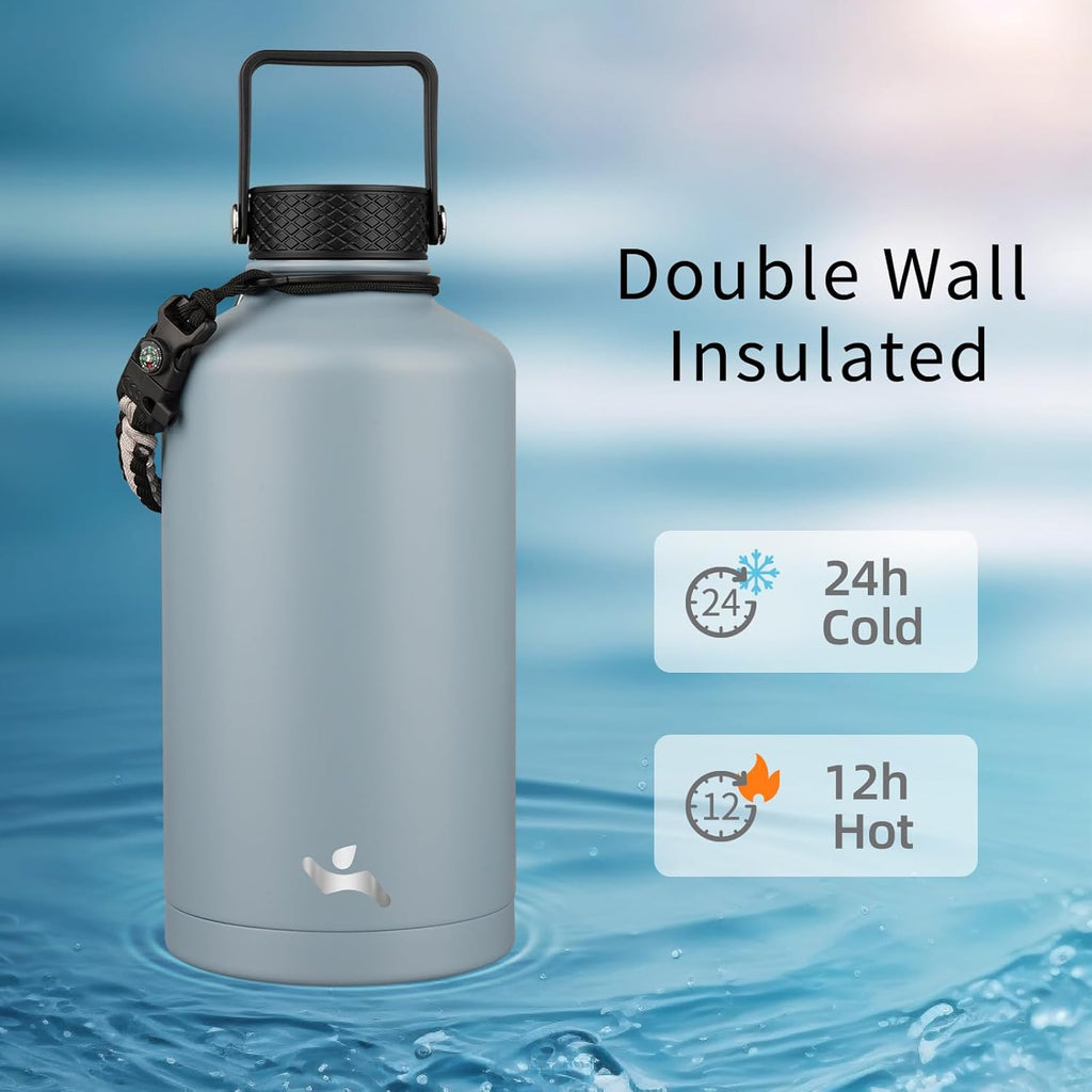 Insulated Water Bottle with Straw,87 oz 3 Lids Water Jug with Carrying Bag,Paracord Handle,Double Wall Vacuum Stainless Steel Metal Flask,Storm Blue