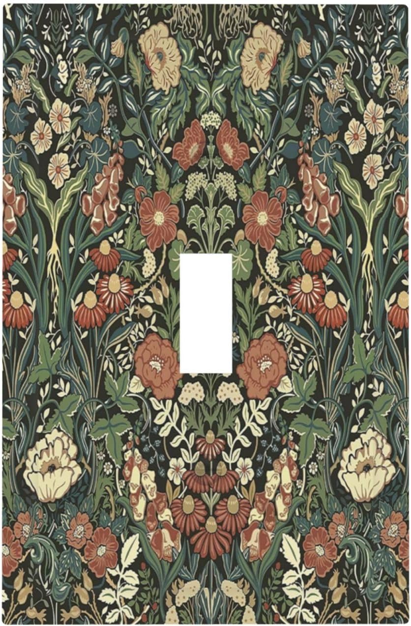 Decorative Light Switch Cover Vintage Dark Floral William Morris Green Flower 1 Gang Single Toggle Device Electrical Faceplate Switchplates Decorator Outlet Wall Plate for living Room Home