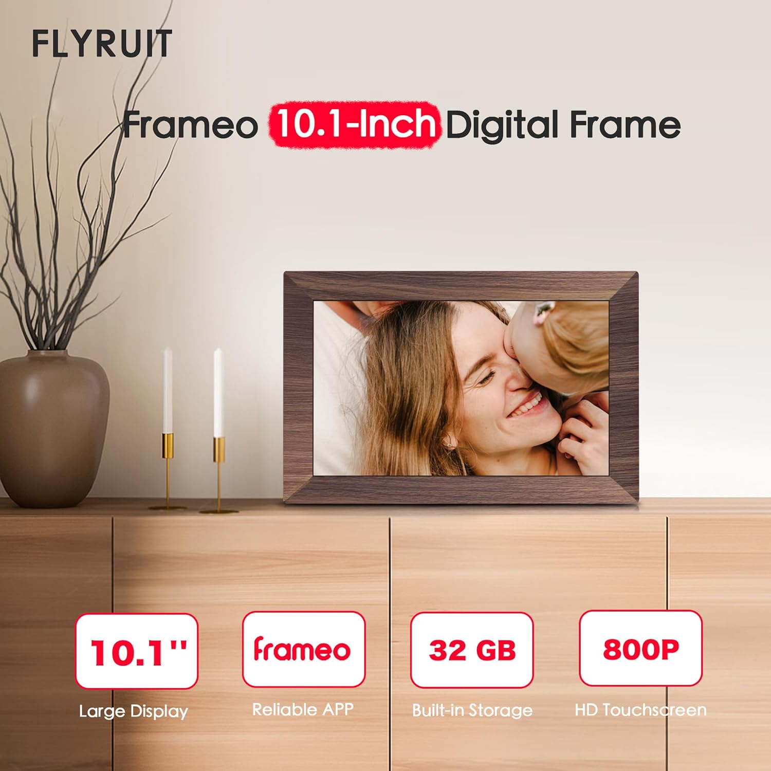 Digital Picture Frame, 10.1 inch Frameo Digital Frame WiFi, 1280 * 800 IPS HD Touchscreen, 32GB Storage, Instant Share Pictures Video, Smart Photo Frame Electronic, Gifts for Mom, Grandma, Woodgrain