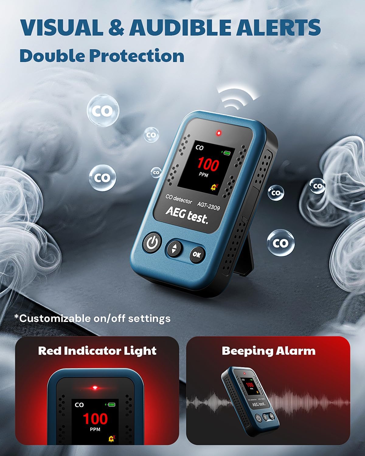 AGT-2309 Portable Carbon Monoxide Detector, 15-Day Standby, Rechargeable Mini CO Monitor with Lanyard for Travel & Camping, Handheld CO Meter with Audible & Visual Alerts, 0-1000ppm - Blue