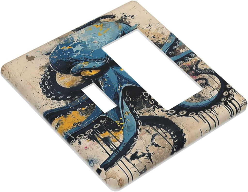 Outlet Covers Nautical Vintage Blue Octopus Yellow Eyes Oil Watercolor 1 Toggle 1 Rocker Combination Decorative Wall Plate Electrical Switch Plates Light Switch Cover Plate for Kids room