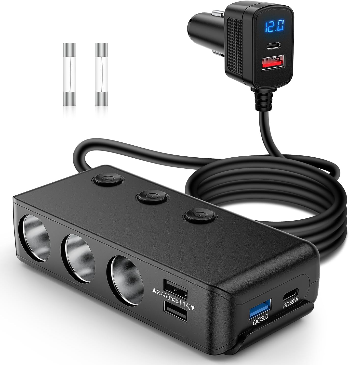 Nilight 9 in 1 Cigarette Lighter Adapter Splitter 3 Sockets PD 65W and QC3.0 18W Ports with Independent Switches LED Voltage Display for 12V 24V Cars SUV Van Truck Jeep Camper