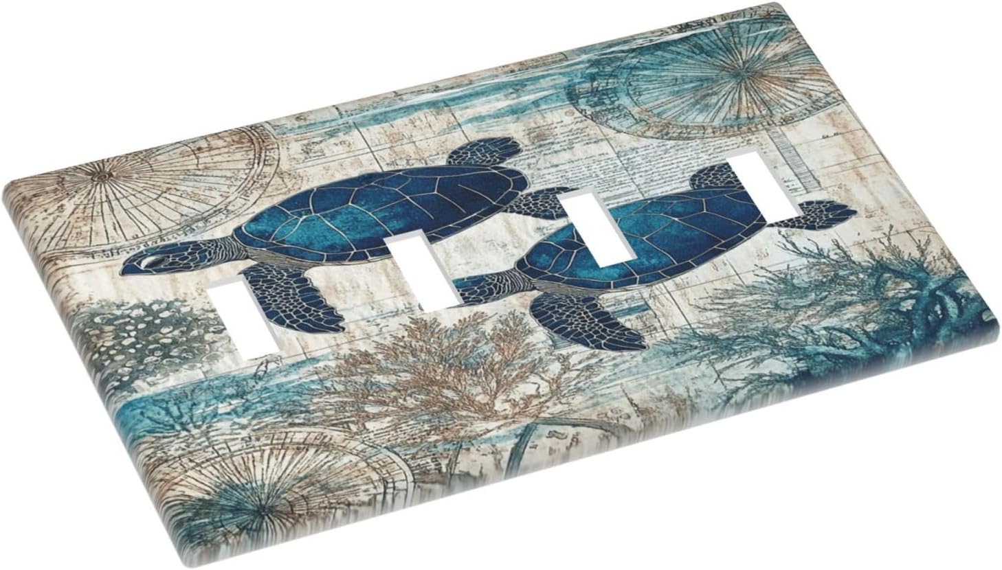 Blue Green Sea Turtle Tropical Ocean Coral Nautical Map Light Switch Covers Quad Toggle Electrical Faceplate 4 Gang Wall Plate Decorative Switch Plates For Bed Room Bathroom Decor