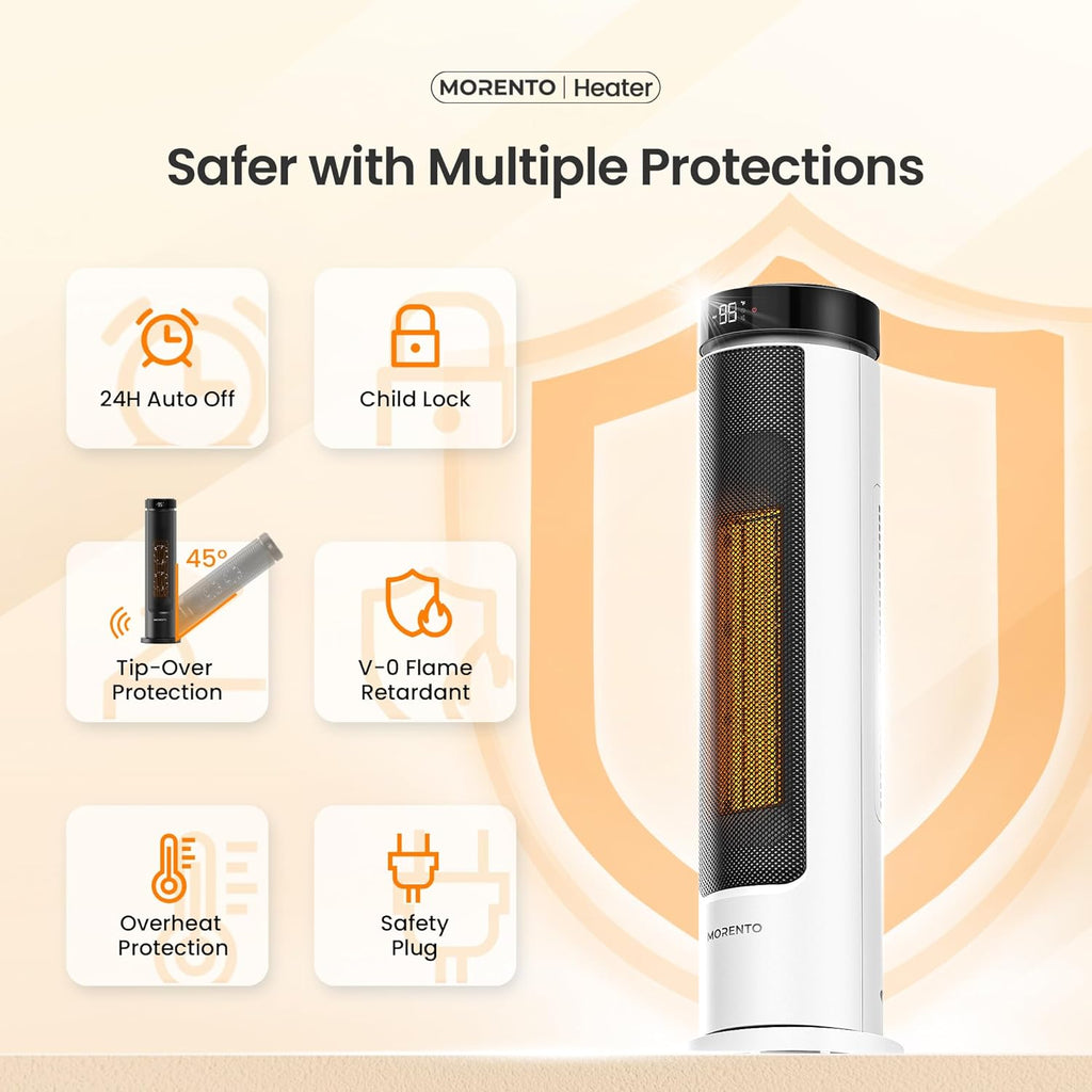 MORENTO Space Heater for Indoor Use, 1500W Ceramic Fast Heat, Electric Space Heater for Large Room with Remote, Thermostat, Digital Display, 5 Modes, 12H Timer, 70° Oscillation, 23dB White 1 Pack