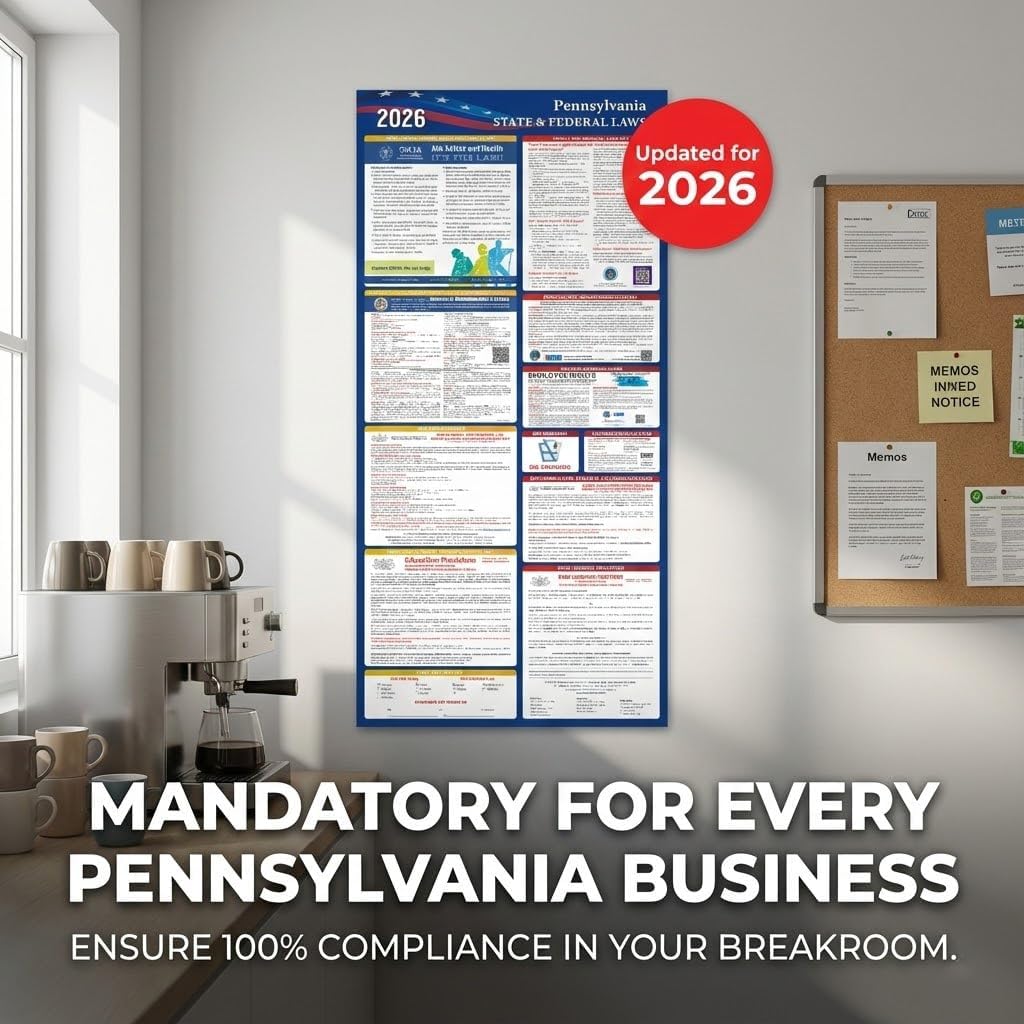 Pennsylvania Labor Law Poster Set 2026,Federal and OSHA Compliant Laminated Post,All in One Required Compliance Posting 17" x 40" English Version 2PCS - Ideal for Posting in The Workplace
