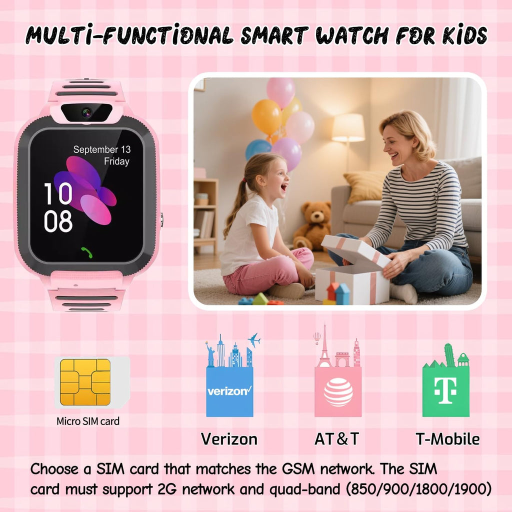 2G Kids Smart Watch, SOS Emergency Call, Video Calling, Waterproof Activity Tracker for 3-12 Years Girls/Boys - Birthday Gift Idea