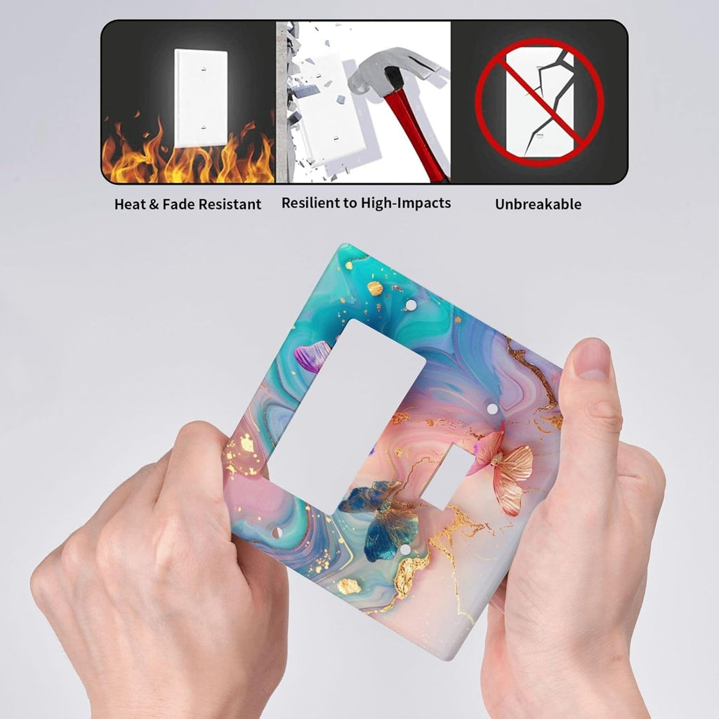 Colorful Marble Butterfly Gold Glitter Abstract Print Outlet Covers 1 Toggle 1 Rocker Combination Decorative Wall Plate Electrical Switch Plates Light Switch Cover Plate for Bed Room Living Room Decor