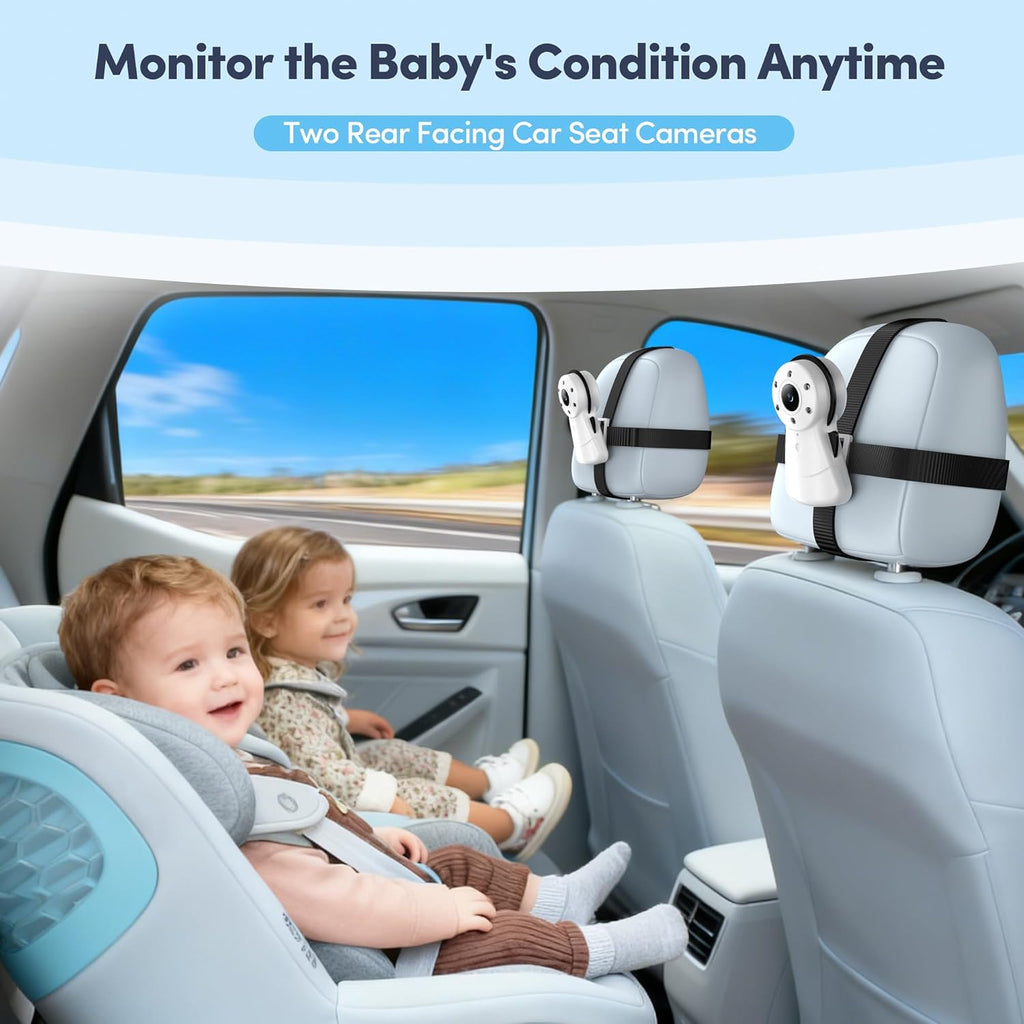 2-Kids Baby Car Camera Dual Monitor – 7 Inch Display with Two Rear Facing Car Seat Cameras, 1080P HD Night Vision IR-CUT, USB Powered Plug and Play Backseat Baby Monitor for Infant & Toddler Safety