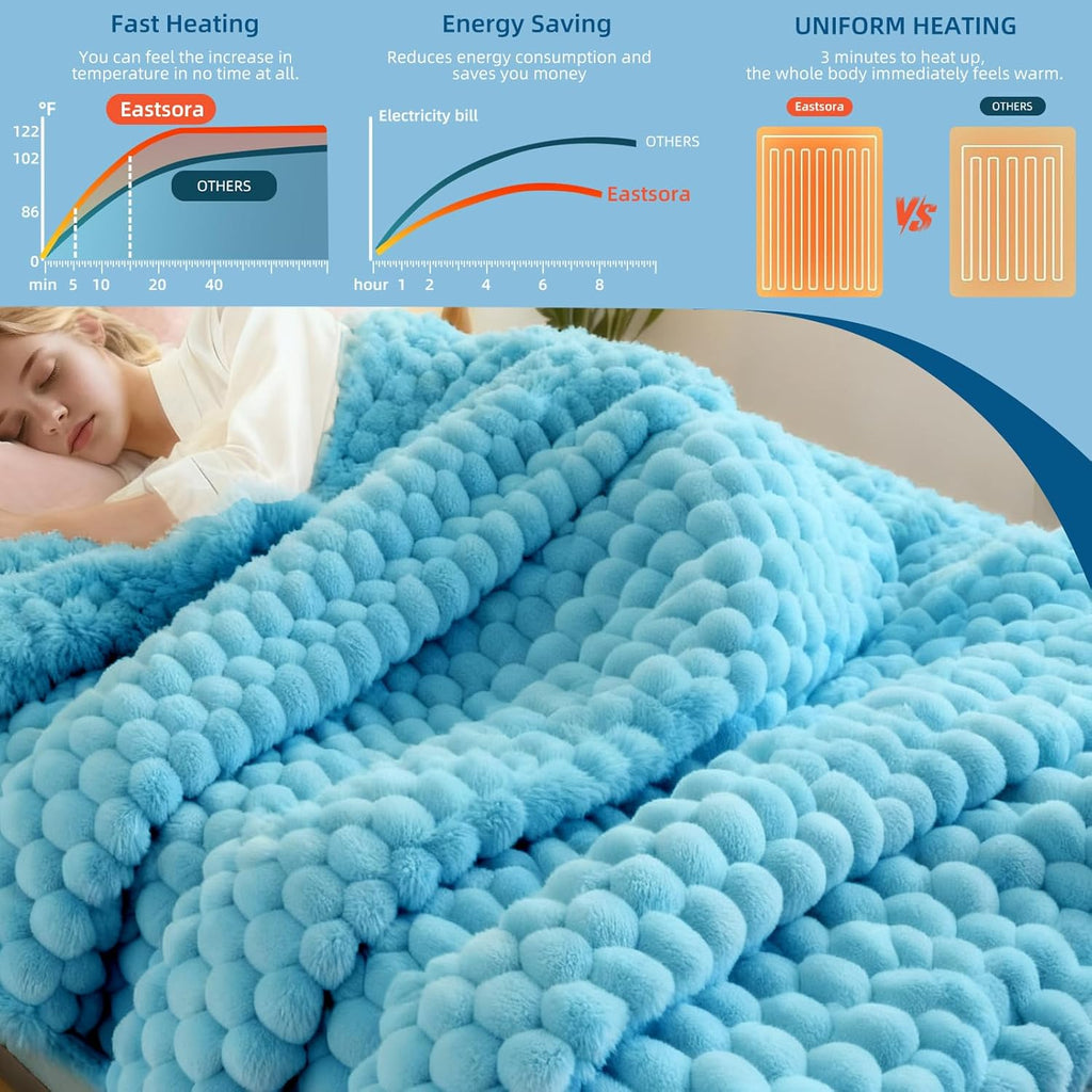 Electric Blanket 50" x 60" Soft Ribbed Faux Fur Flannel Quick Heat 12 Heat Levels 1-12 Hour Timer and Overheat Protection & Auto Shut Off & ETL FCC (Sky Blue, Throw 50" x 60")