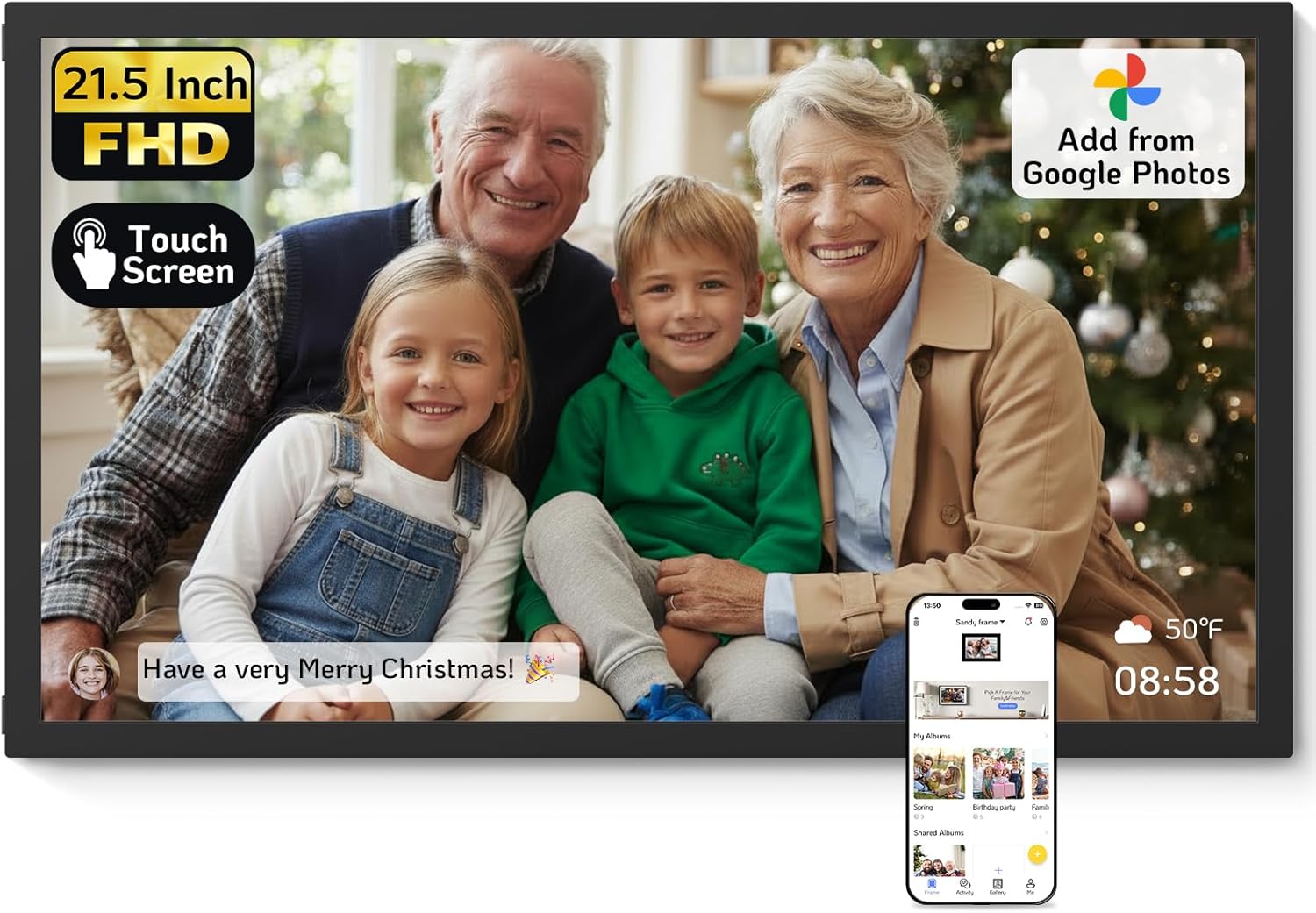 NexFoto 21.5 Inch Touchscreen Large Digital Picture Frame 64GB, WiFi Digital Photo Frame, Add Photos from Google Photos, Share Videos via App/USB/Micro SD, for Christmas/Mom/Grandparents, Black