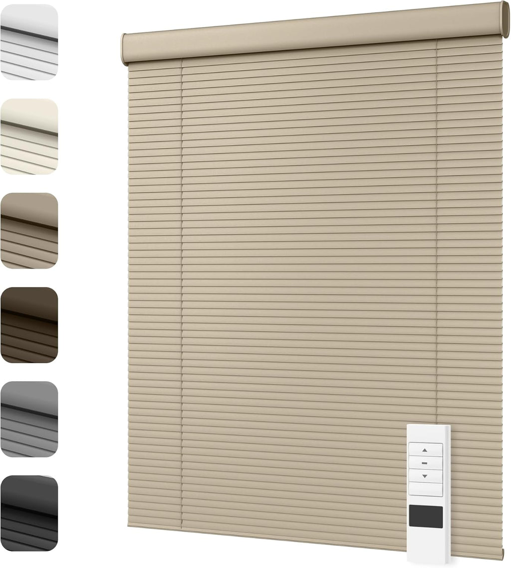 Motorized Cordless Aluminum Blinds with Remote, Automatic Room Darkening Horizontal Blinds for Indoor Windows, Light Adjustment Waterproof Blinds, Customized for Home, Office, Khaki