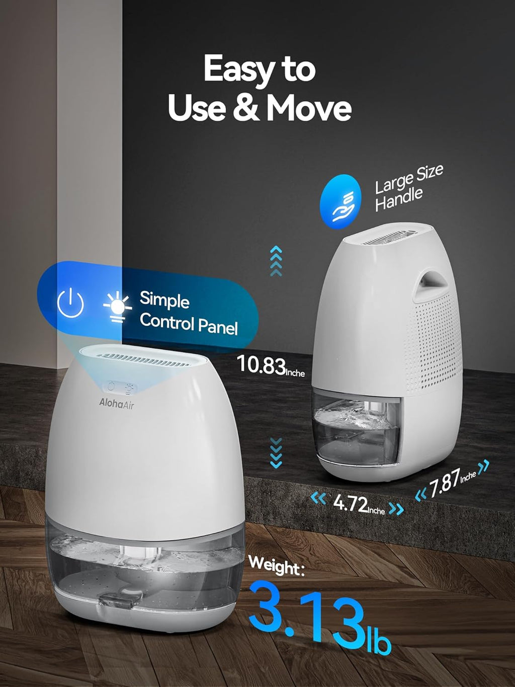 Dehumidifier, AlohaAir 34 OZ Small Dehumidifiers for Home and Room, Quiet with 7 Colors Night Light, Auto Shut Off, Dehumidifiers for Bedroom, Bathroom, RV, and Closet