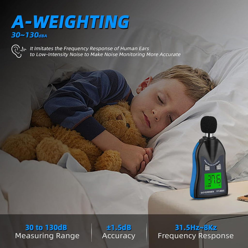 Handheld Decibel Meter, Digital Sound Level Meter 30-130dBA SPL Decibel Monitoring Tester Sound Meter Noise Decibel Reader with Max/Min Hold Data Sensor LCD Backlight Display for Home Factory