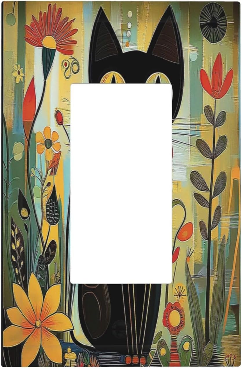 Funny Cat Retro Abstract Flowers Kitten Decorative Outlet Covers 1 Gang Single Rocker Light Switch Cover Plate Wall Plates Gfci Faceplate For Kids Room Bed Room Decor