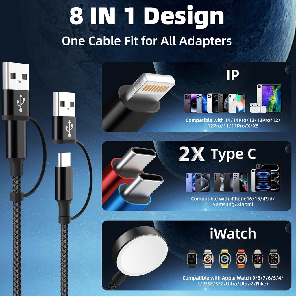 Dual Type-C Port 4 in 2 USB C Cable for Apple iWatch Charger/iPhone 17, Travel Charger Multi Charging Cable Cord for iWatch Ultra/SE/10-1, iPhone16-8, iPad, Android, Car, Cruise Essentials - 1Pc 5FT