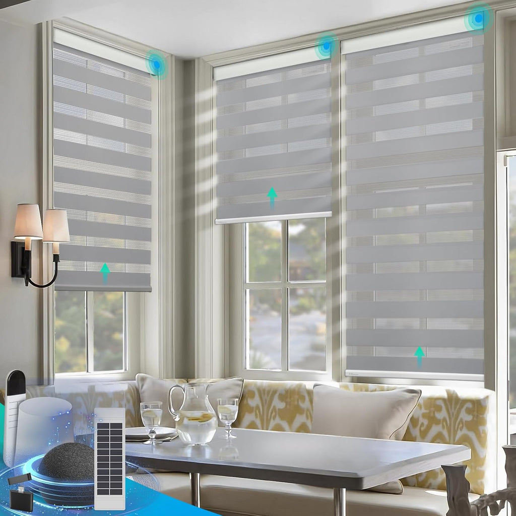 DENFOON Motorized Zebra Blinds, Solar Powered Dual Layer Automatic Shades with Remote Control, Rechargeable Smart Blinds Horizontal Wireless Electric Shades for Windows, Custom Size, Gray， 38 x 72