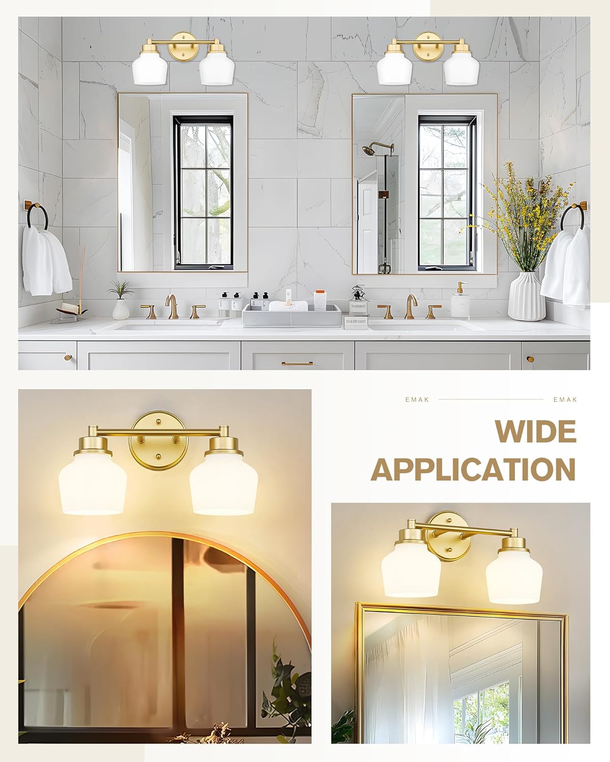 Emak Modern Gold Bathroom Light Fixtures, 2-Light Vanity Lights with Milk Glass Shade for Bathroom, Mirror, VL122-GD-ML-2