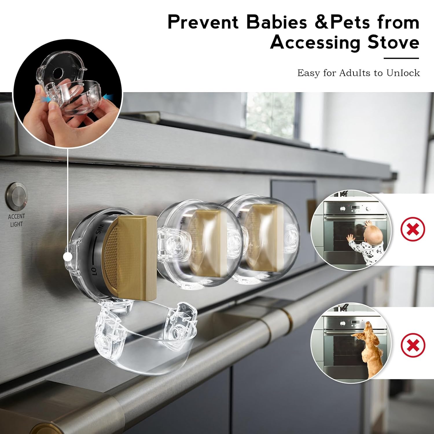 Stove Knob Safety Covers, for Knob Diameter Less Than 2.4", Dual Grip Safety Shield, Unlock with Adult Hand, Press Gas Stove Knob Locks, Oven Lock Knob Covers for Child Safety, Clear, Pack of 5