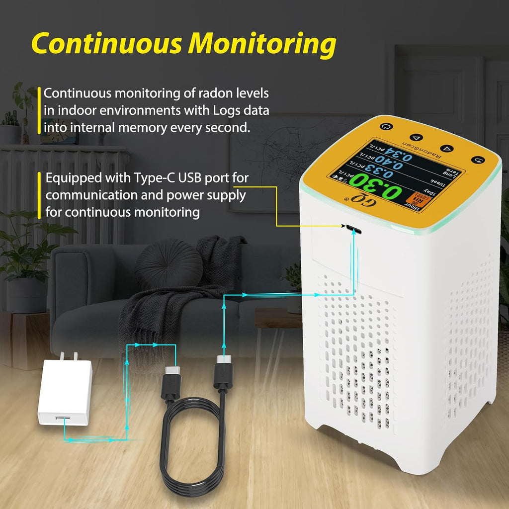 GQ Radon Detector Radonscan Home Radon Monitor Alpha Radiative Gas Radiation Design in USA Large Color Display Short and Long Term continuously Monitor Accurate Fast Sensitive Data Saving