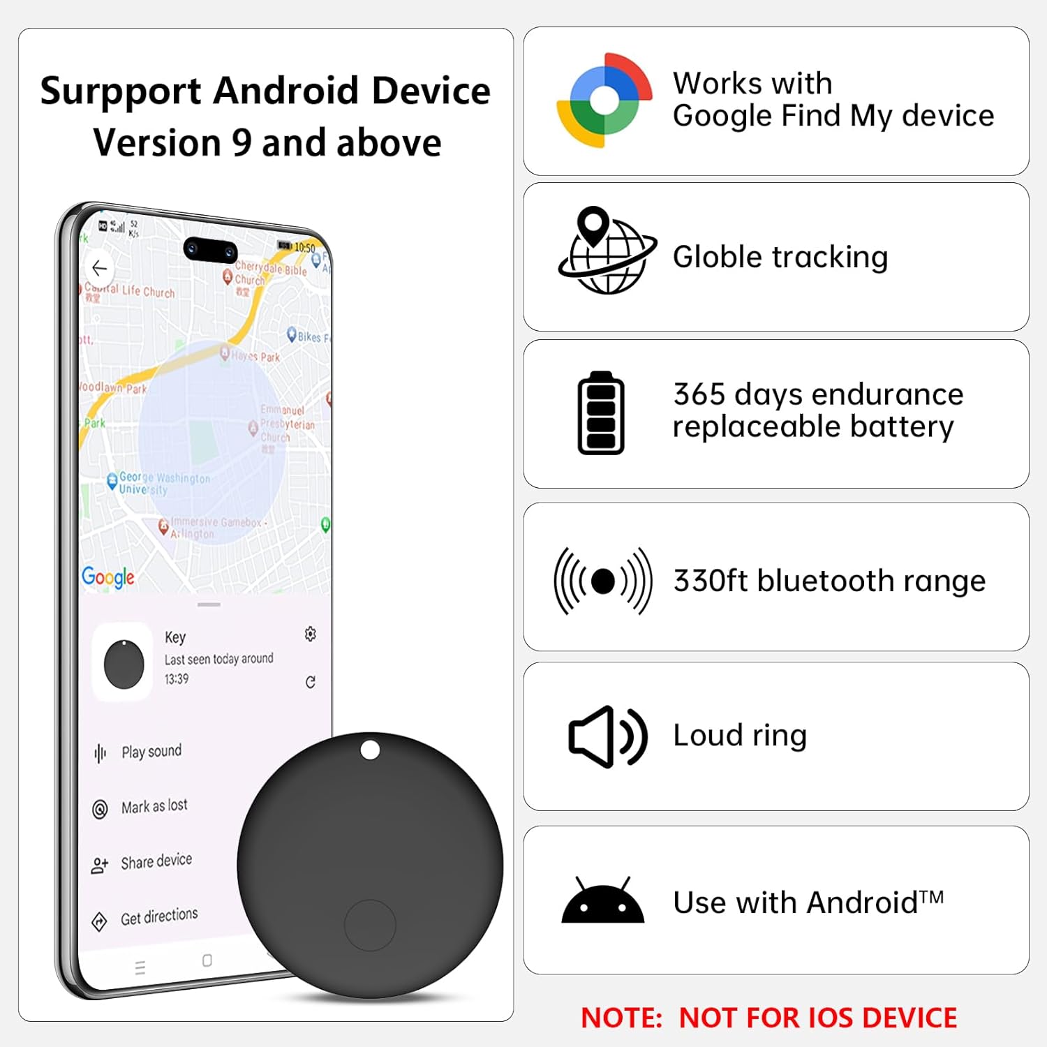 Tracker Tags-4 Pack for Android, Bluetooth Tracker Works with Google’s Find Hub | Android Only | Replaceable Battery | Water- Resistance | Item Finder for Luggage, Wallet, Key, Suitcases, Black