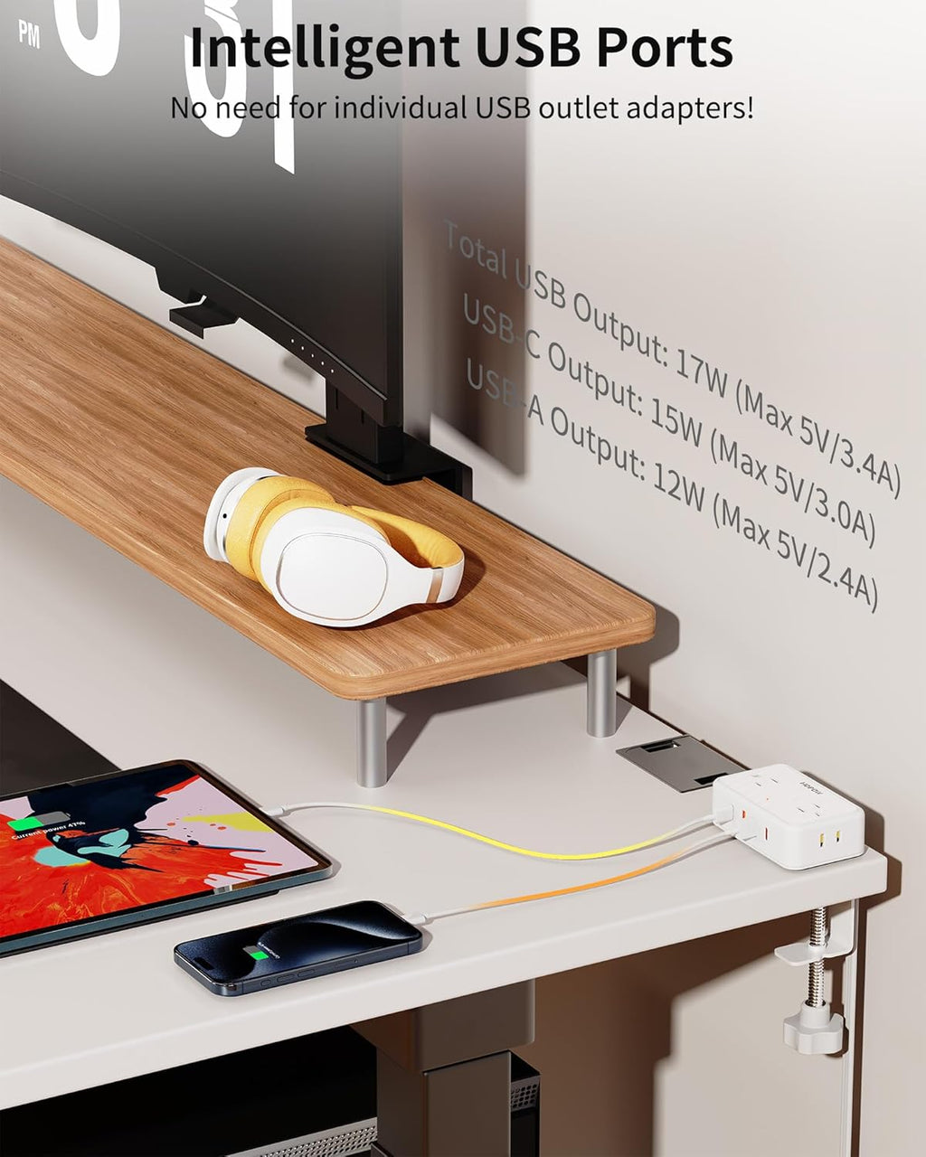 Desk Clamp Power Strip, Desktop Mount Charging Station with 4 Outlets 4 USB Ports (2 USB C), 10Ft Under Desk Power Strip, Fits 2.75" Tabletop Edge, Extension Cord for Home Office, White